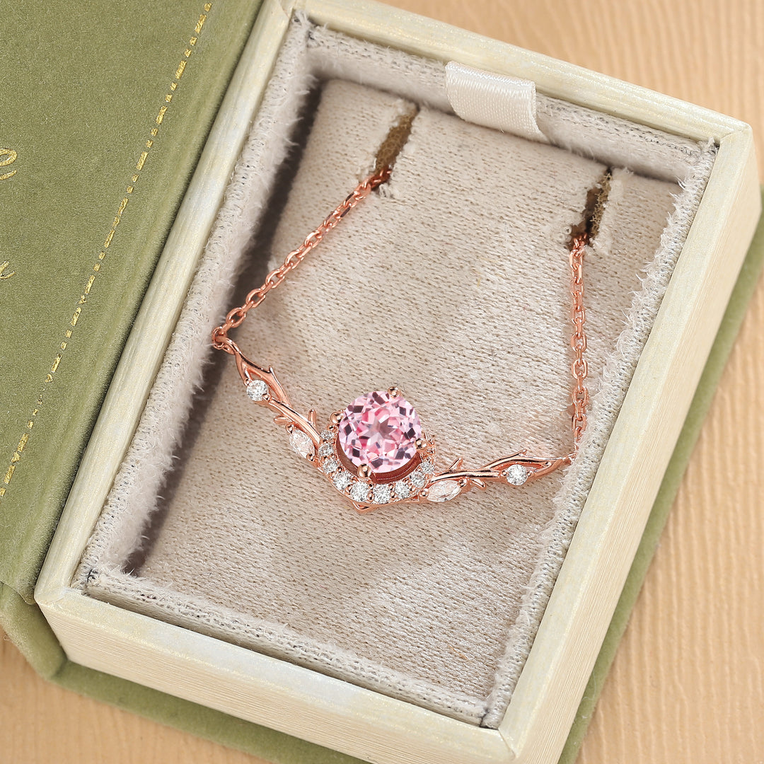 Nature Inspired Round Cut Pink Sapphire Vine Necklace