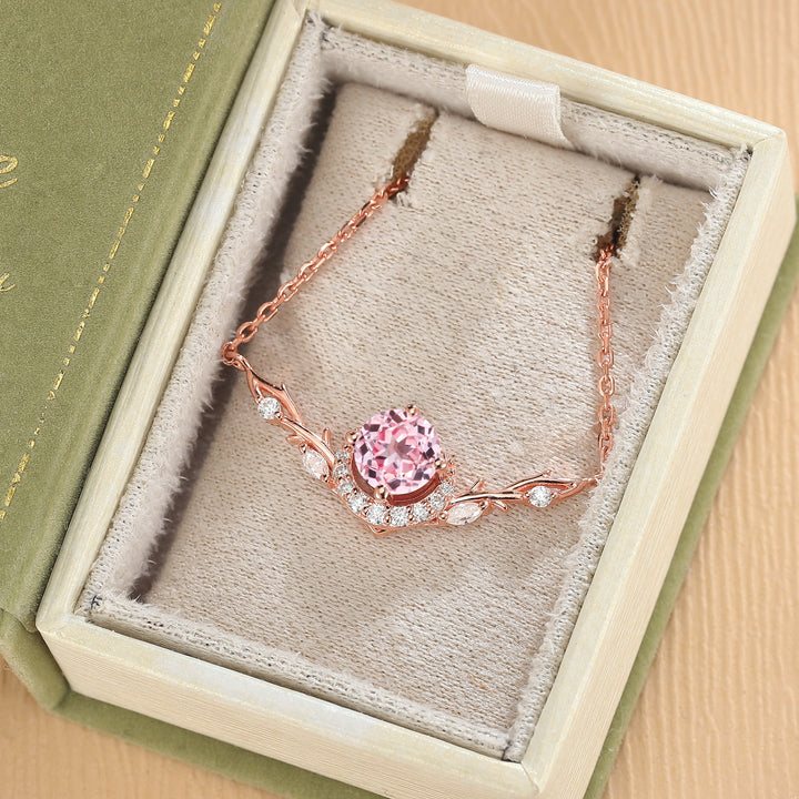 Nature Inspired Round Cut Pink Sapphire Vine Necklace