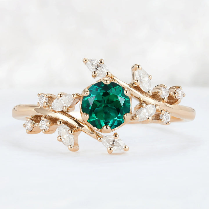 Nature Inspired Round Emerald Vine Gemstone Ring