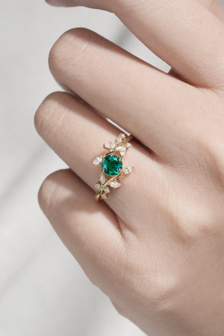Nature Inspired Round Emerald Vine Gemstone Ring
