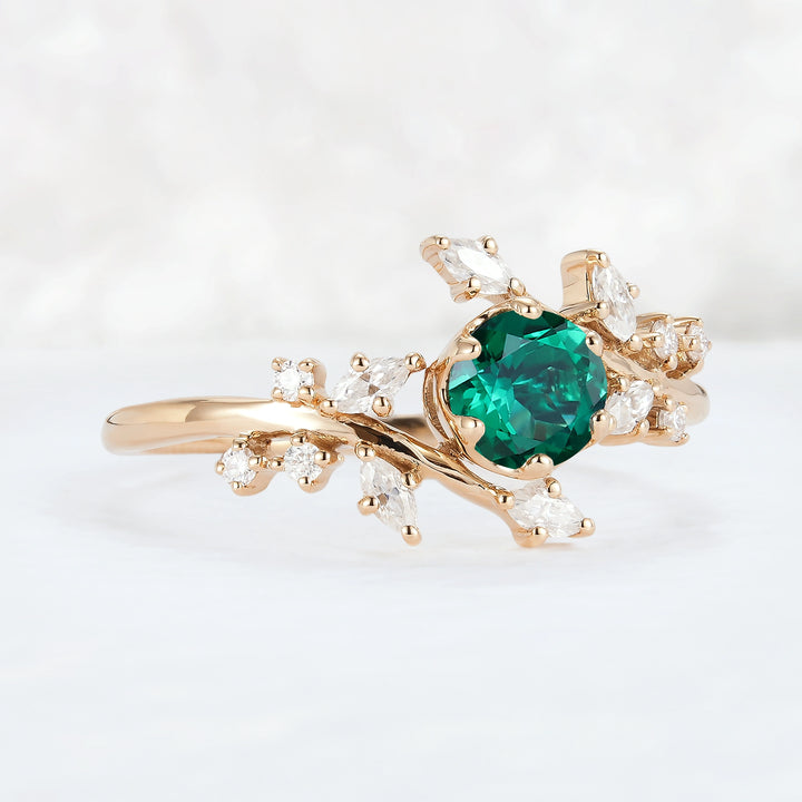 Nature Inspired Round Emerald Vine Gemstone Ring