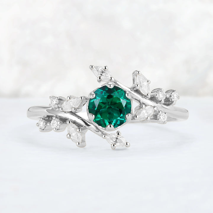 Nature Inspired Round Emerald Vine Gemstone Ring