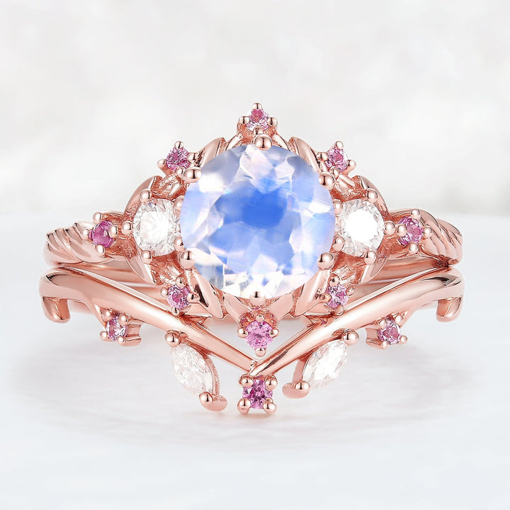 Nature_Inspired_Round_Moonstone_and_Moissanite_Ring_Set_2pcs_1