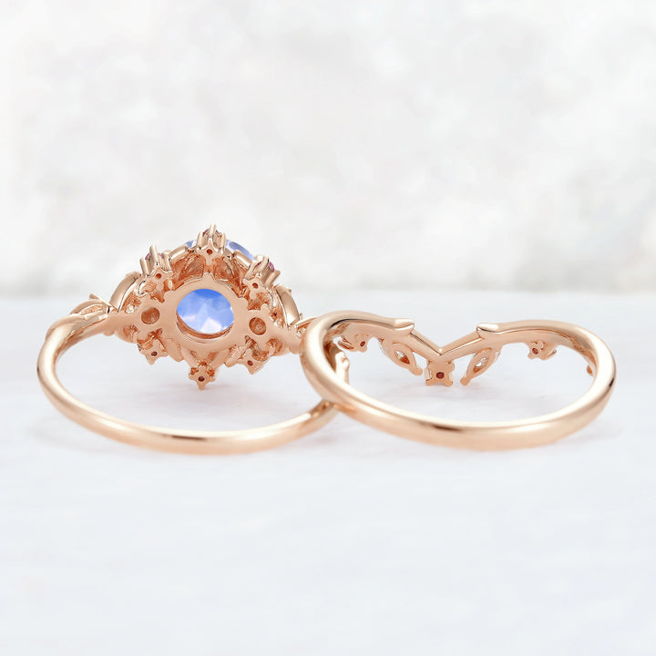 Nature Inspired Round Moonstone and Moissanite Ring Set 2pcs
