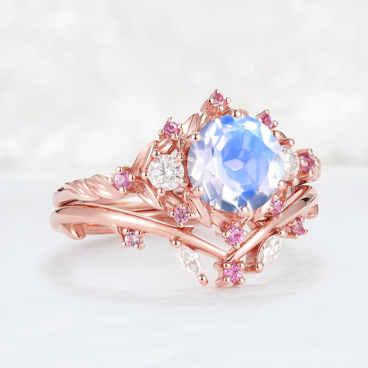 Nature_Inspired_Round_Moonstone_and_Moissanite_Ring_Set_2pcs_1