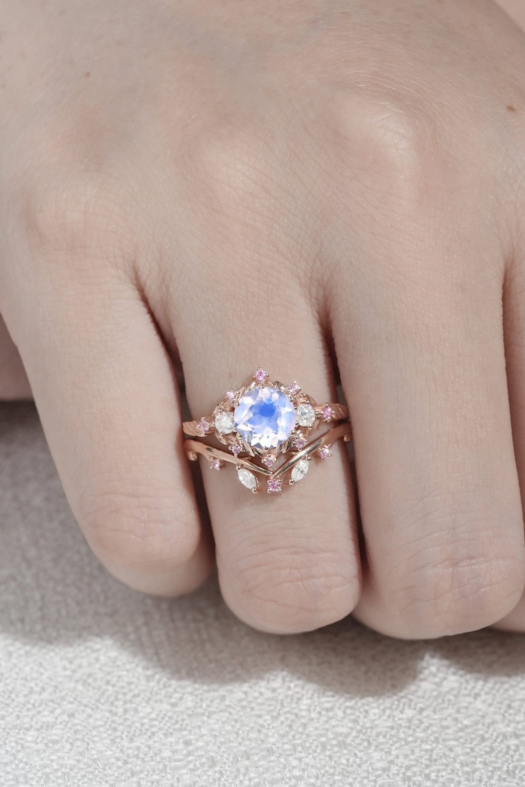 Nature Inspired Round Moonstone and Moissanite Ring Set 2pcs