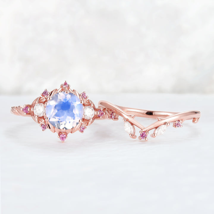 Nature_Inspired_Round_Moonstone_and_Moissanite_Ring_Set_2pcs_1