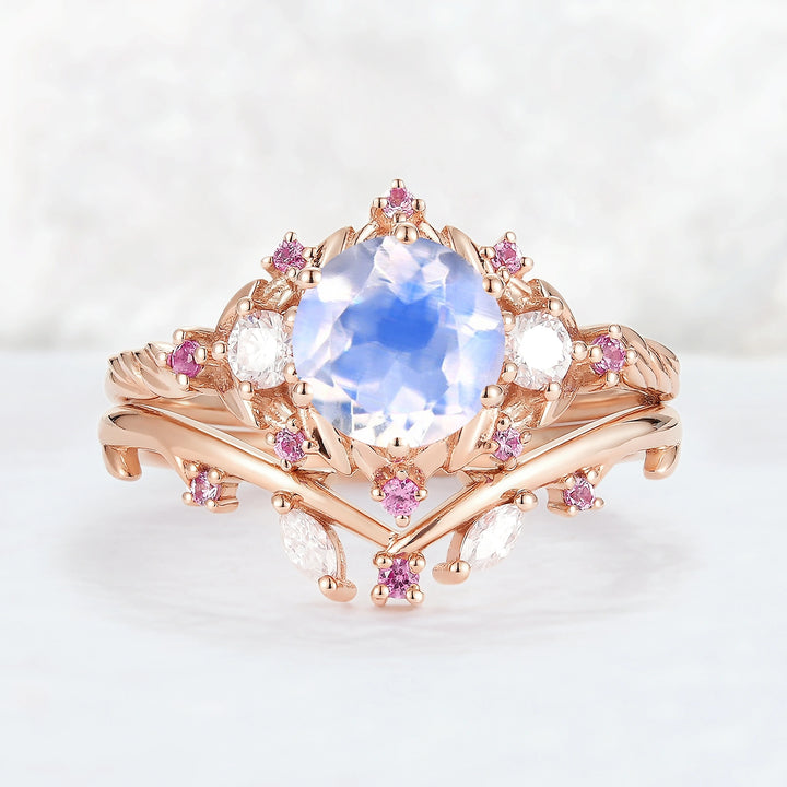 Nature Inspired Round Moonstone and Moissanite Ring Set 2pcs