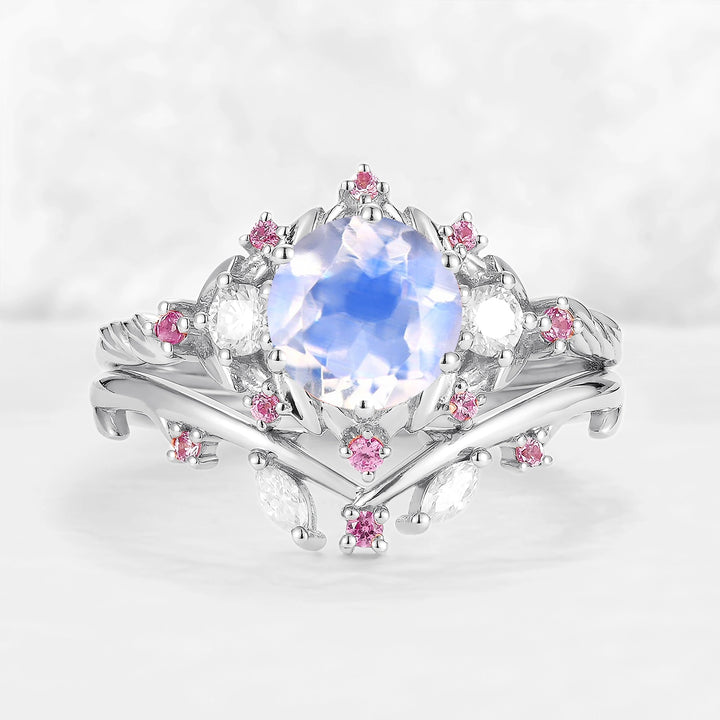 Nature Inspired Round Moonstone and Moissanite Ring Set 2pcs