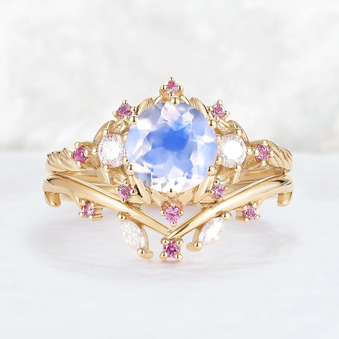 Nature Inspired Round Moonstone and Moissanite Ring Set 2pcs
