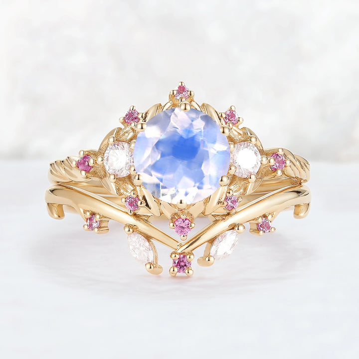 Nature Inspired Round Moonstone and Moissanite Ring Set 2pcs