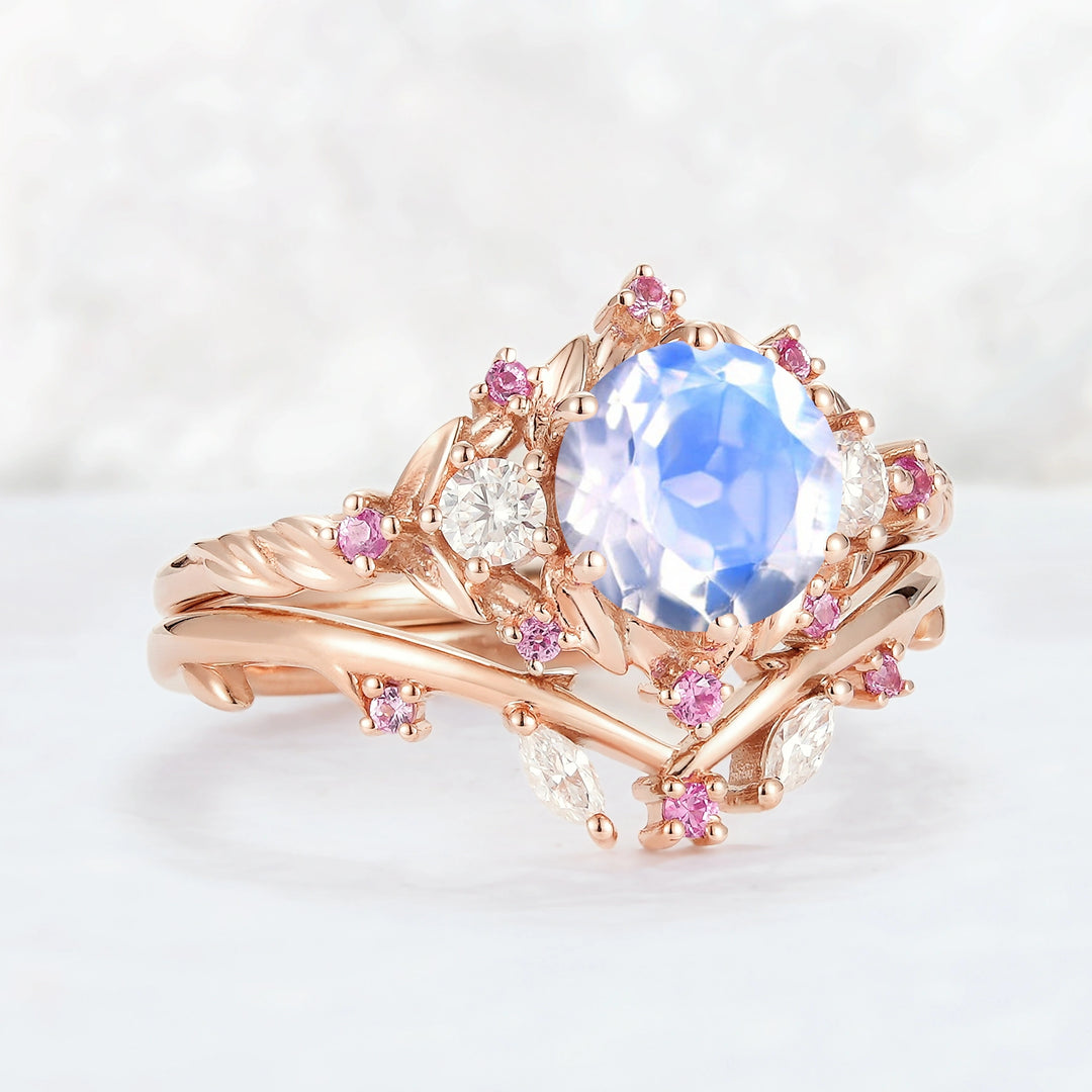 Nature Inspired Round Moonstone and Moissanite Ring Set 2pcs