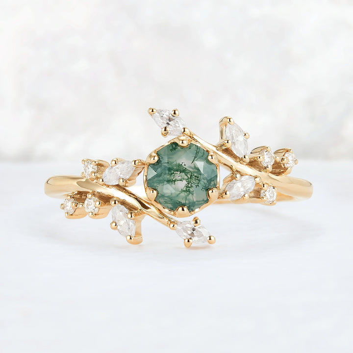 Nature Inspired Round Moss Agate Vine Gemstone Ring