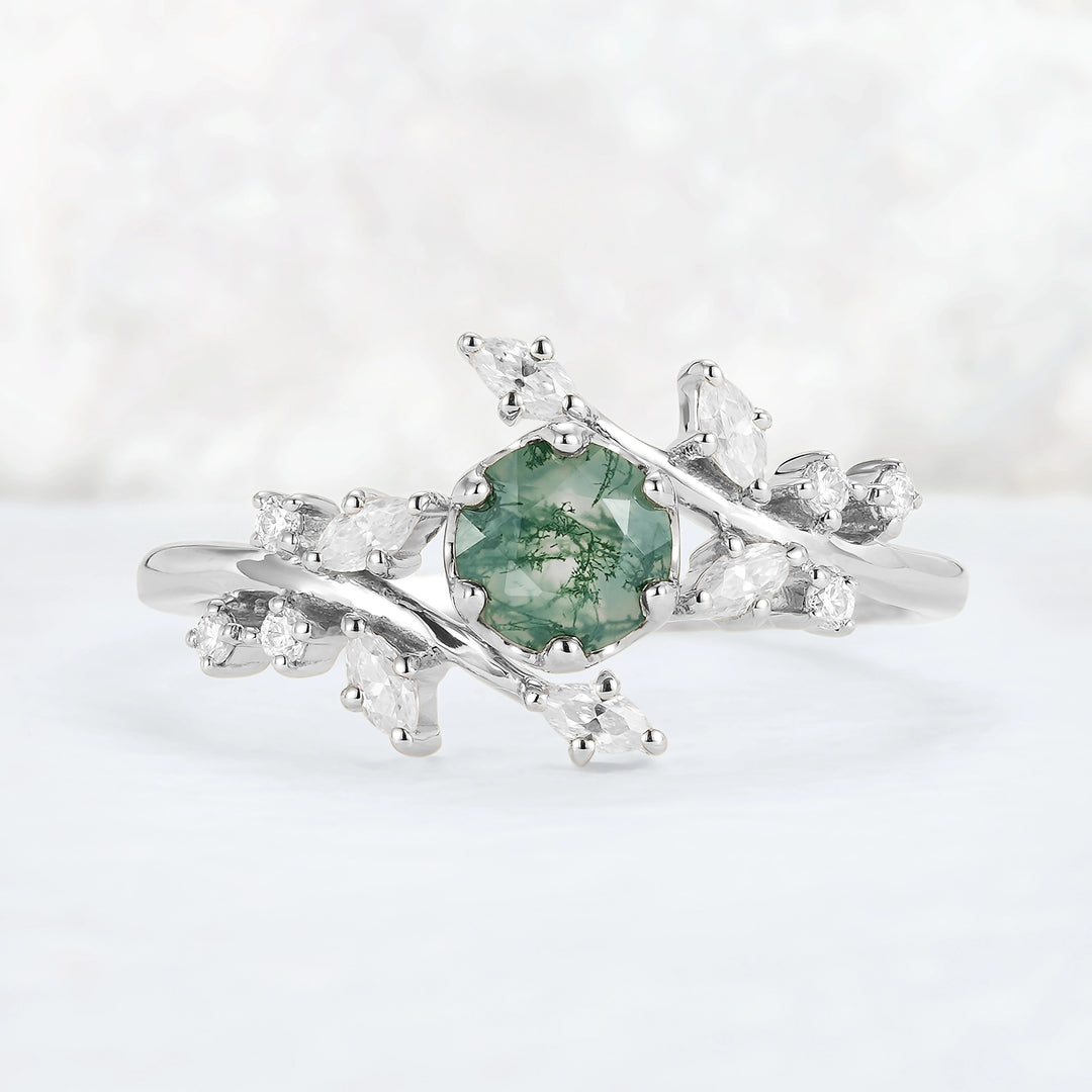 Nature Inspired Round Moss Agate Vine Gemstone Ring