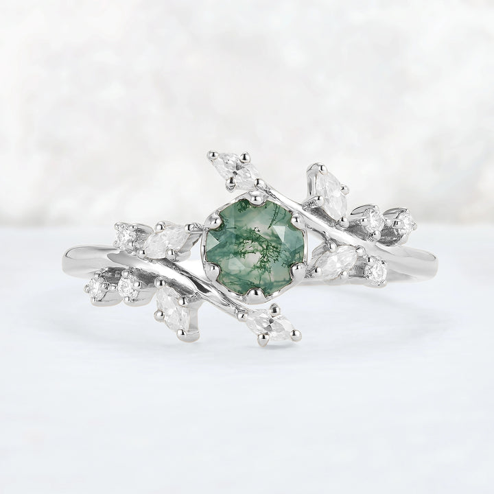 Nature Inspired Round Moss Agate Vine Gemstone Ring