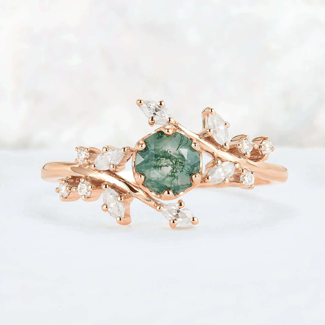 Nature Inspired Round Moss Agate Vine Gemstone Ring