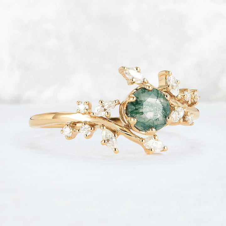 Nature Inspired Round Moss Agate Vine Gemstone Ring