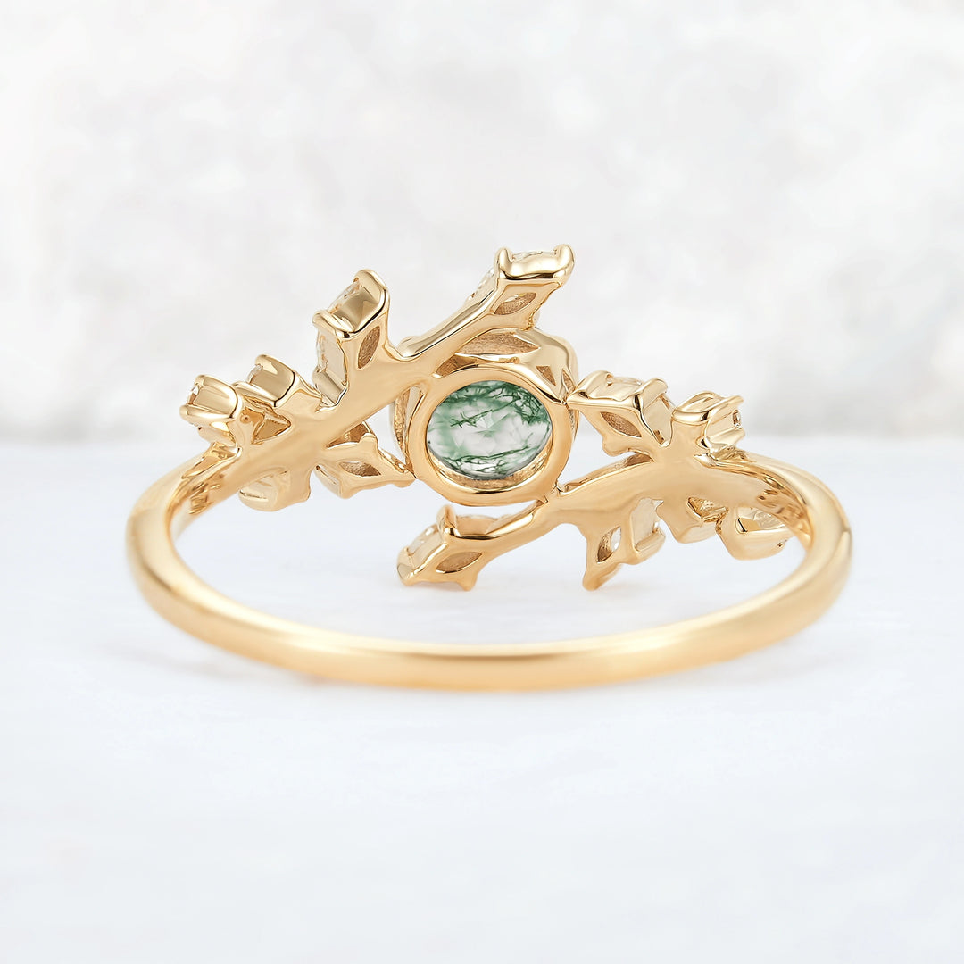 Nature Inspired Round Moss Agate Vine Gemstone Ring