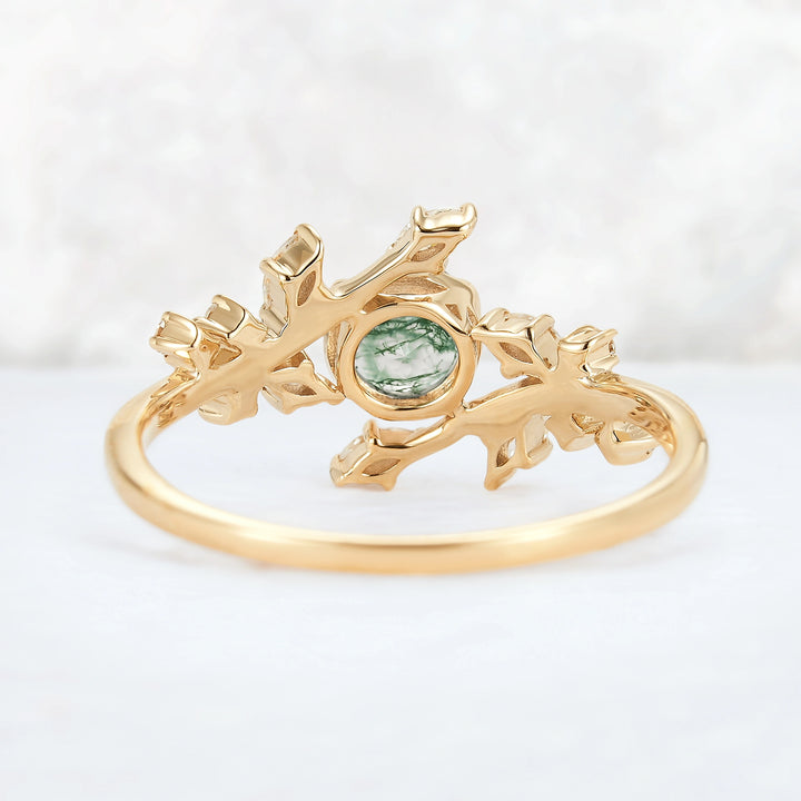 Nature Inspired Round Moss Agate Vine Gemstone Ring