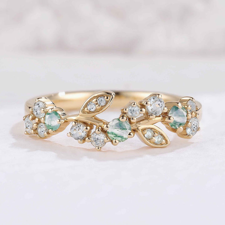 Nature Inspired Round Moss Agate Yellow Gold Bridal Ring