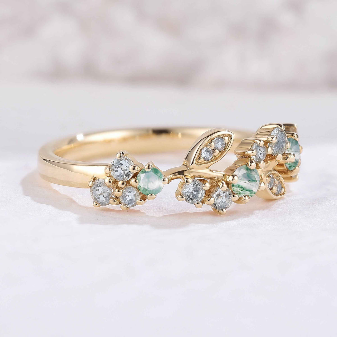 Nature Inspired Round Moss Agate Yellow Gold Bridal Ring