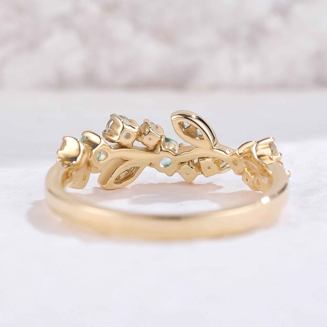 Nature Inspired Round Moss Agate Yellow Gold Bridal Ring