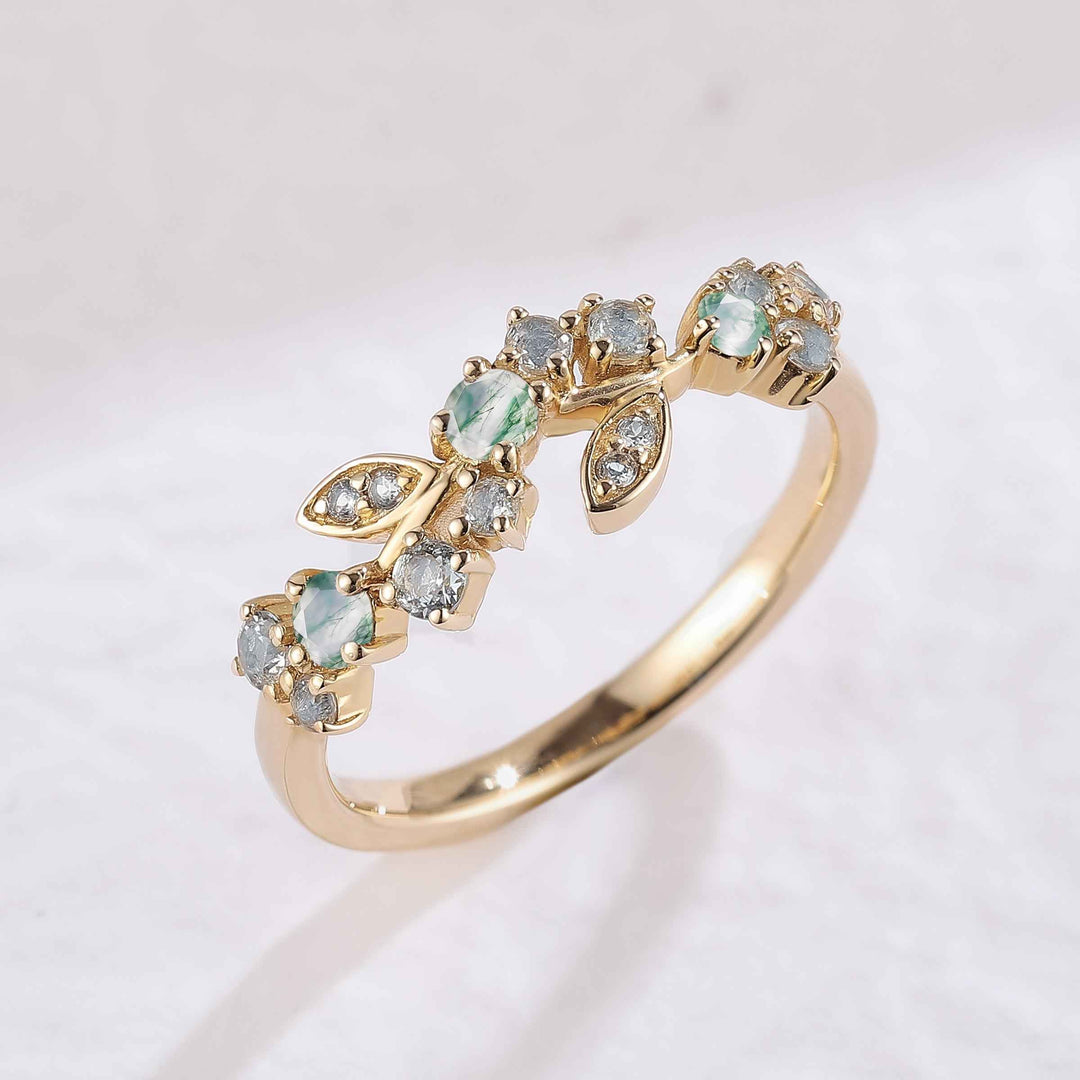 Nature Inspired Round Moss Agate Yellow Gold Bridal Ring