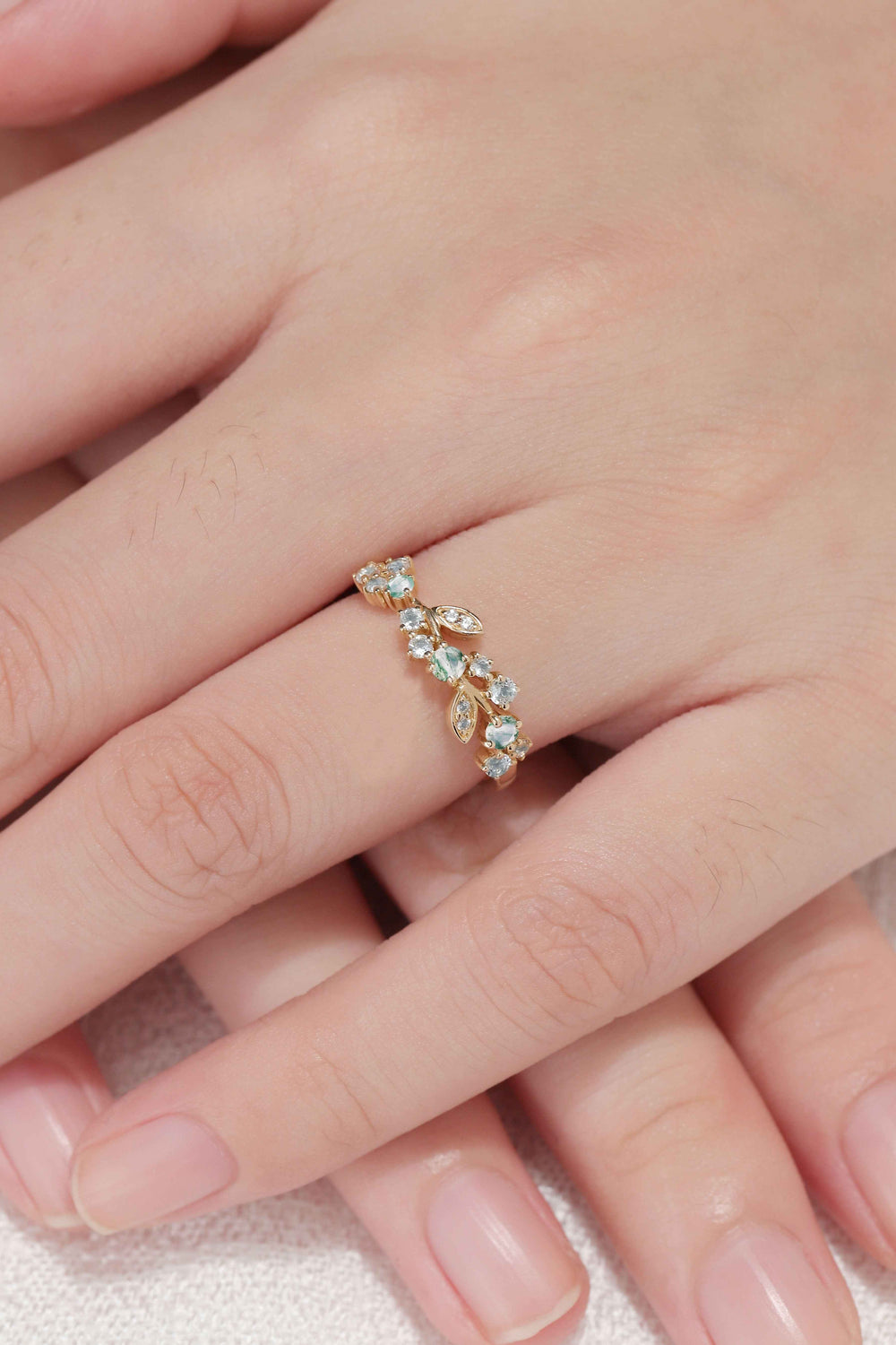 Nature Inspired Round Moss Agate Yellow Gold Bridal Ring