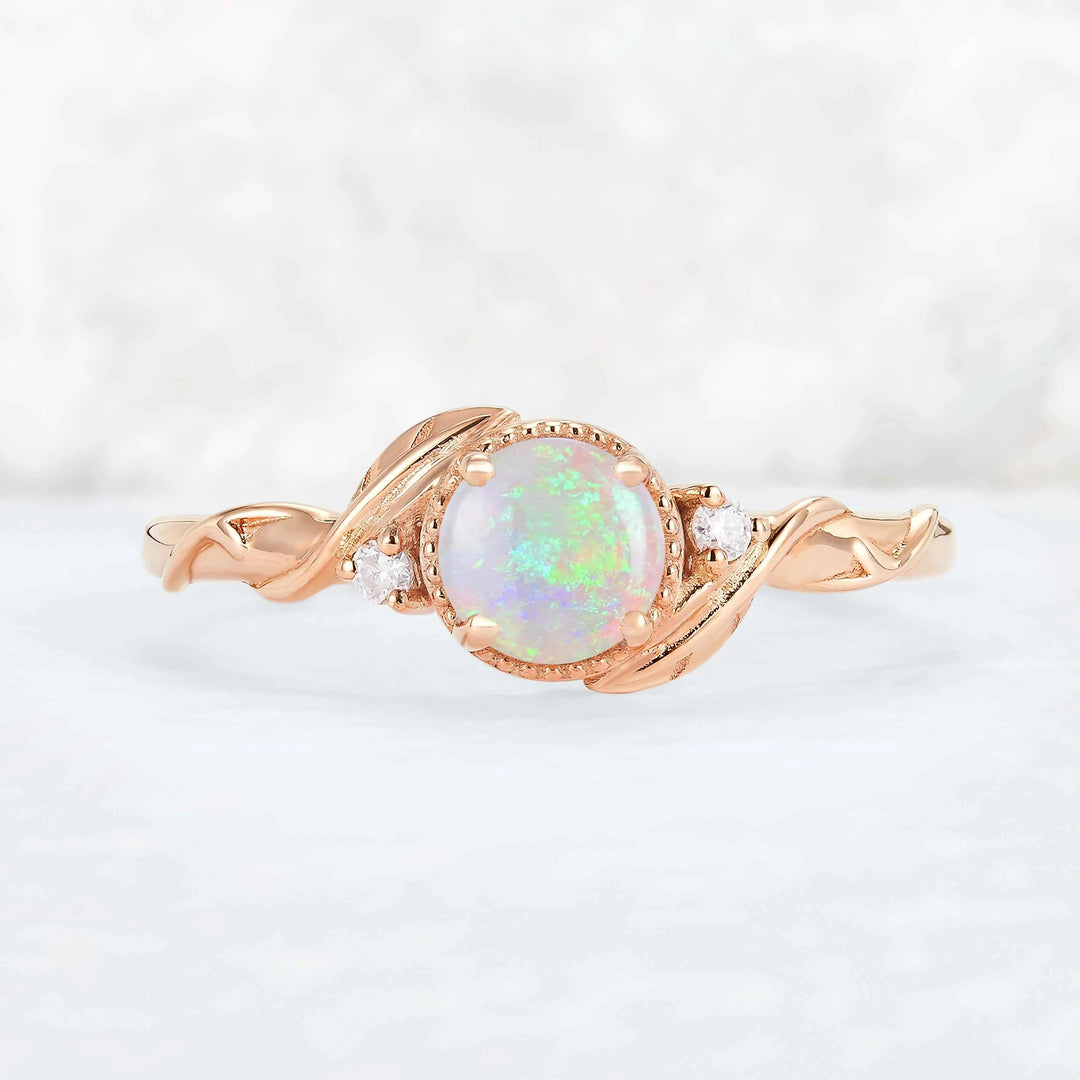 Nature Inspired Round Opal Leafy Twisted Gemstone Ring
