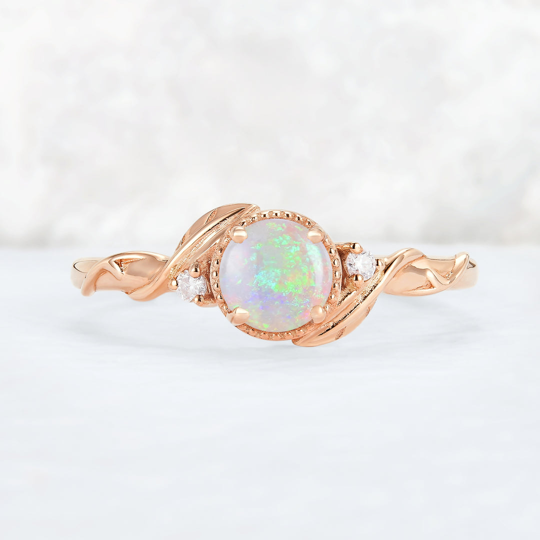 Nature Inspired Round Opal Leafy Twisted Gemstone Ring Set 2pcs