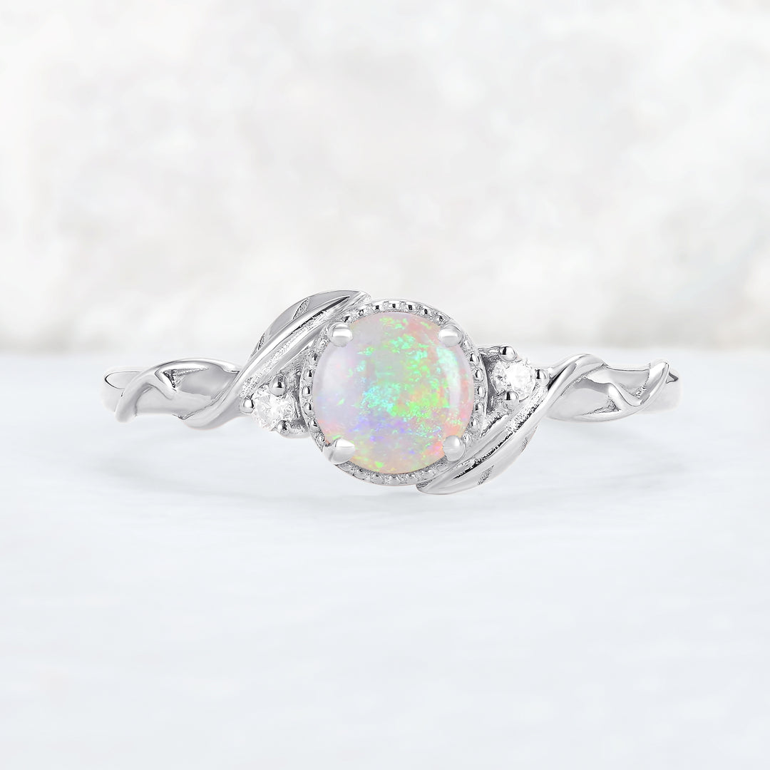 Nature Inspired Round Opal Leafy Twisted Gemstone Ring Set 2pcs