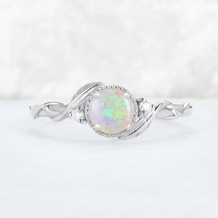 Nature Inspired Round Opal Leafy Twisted Gemstone Ring Set 2pcs