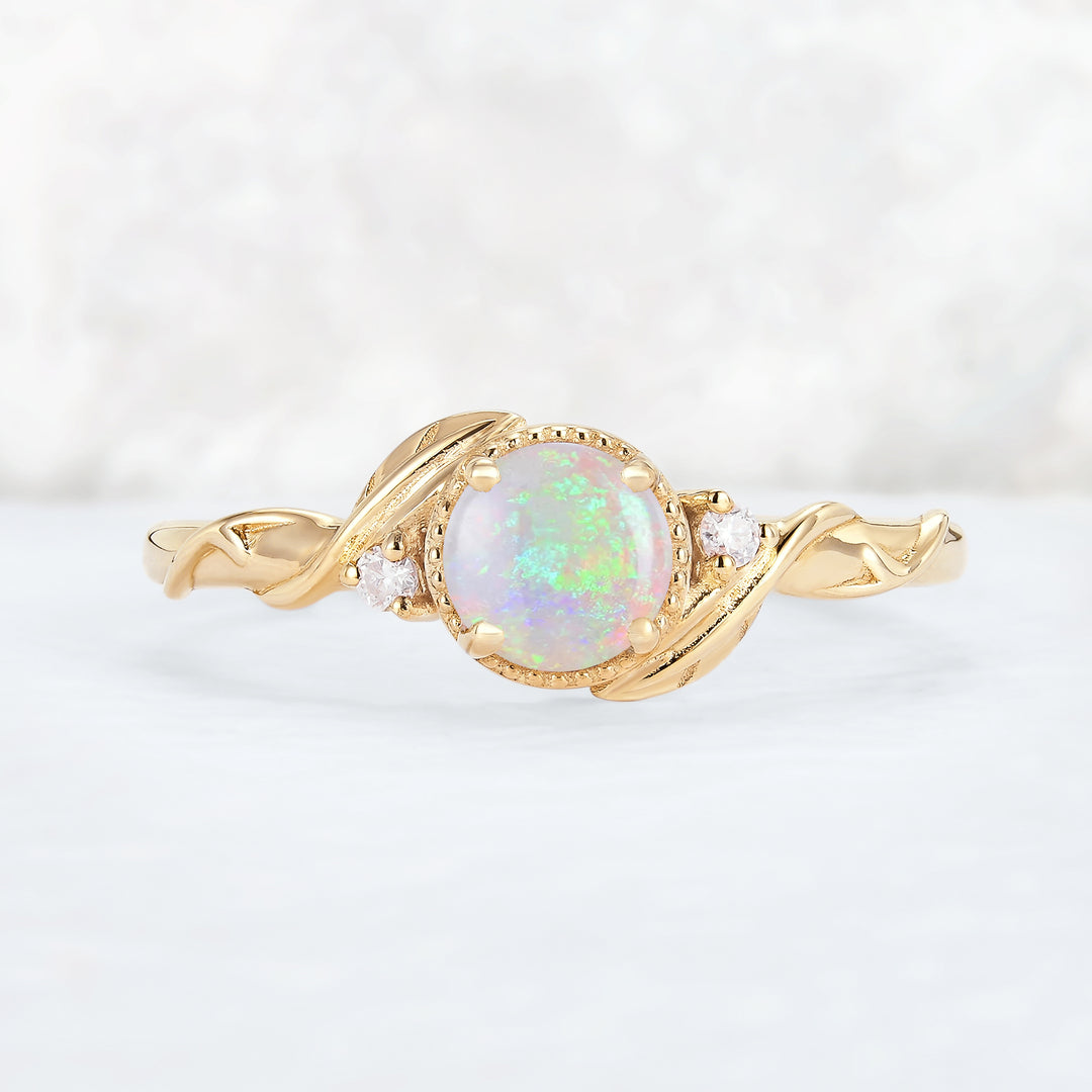 Nature Inspired Round Opal Leafy Twisted Gemstone Ring Set 2pcs
