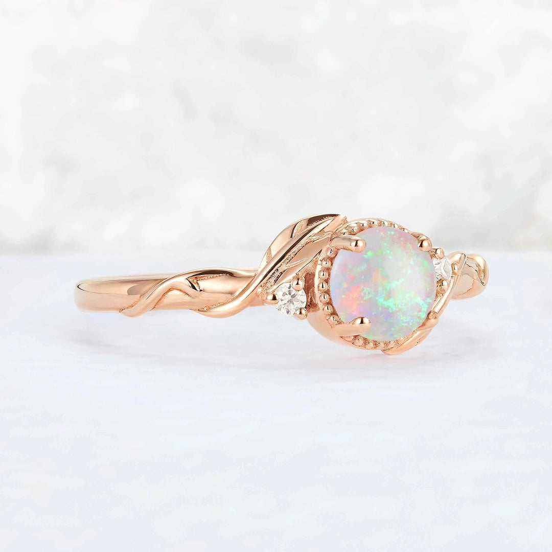 Nature Inspired Round Opal Leafy Twisted Gemstone Ring