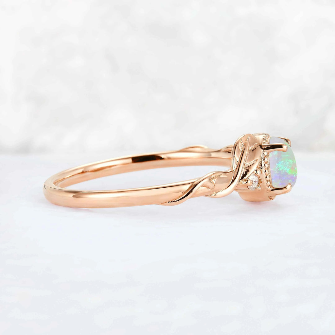Nature Inspired Round Opal Leafy Twisted Gemstone Ring