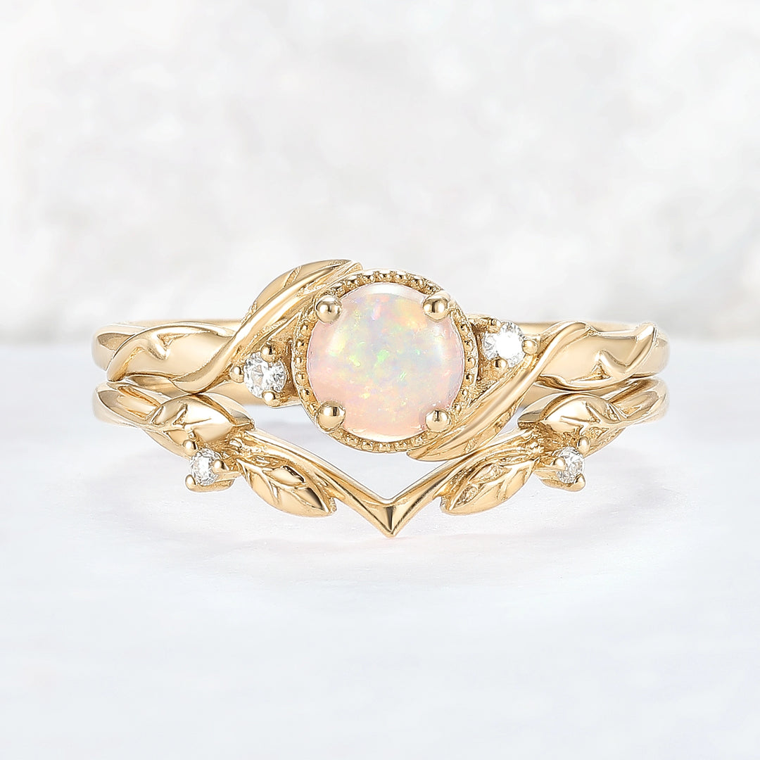 Nature Inspired Round Opal Leafy Twisted Gemstone Ring Set 2pcs