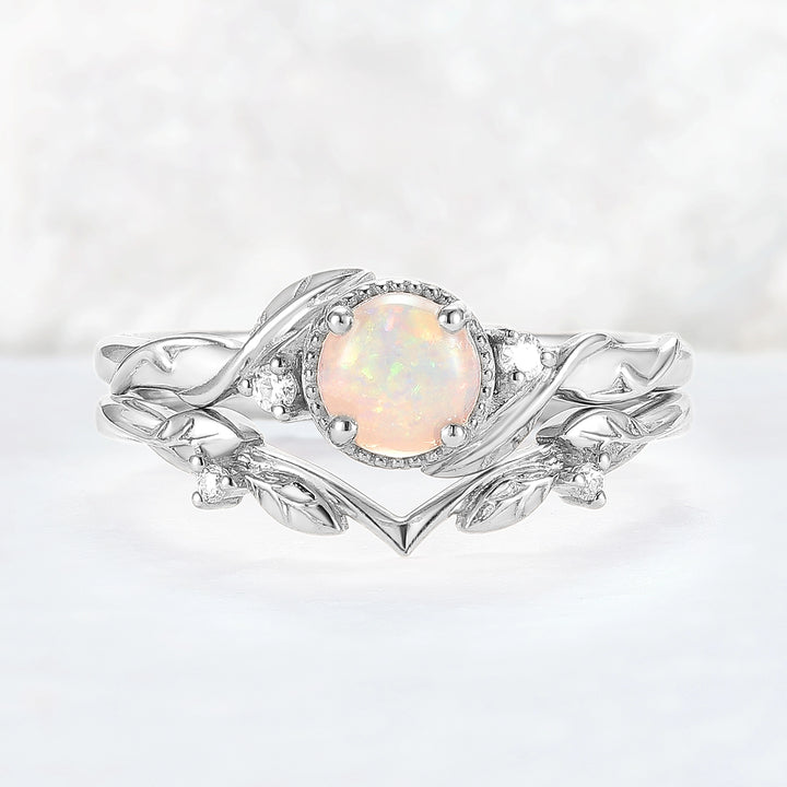 Nature Inspired Round Opal Leafy Twisted Gemstone Ring Set 2pcs
