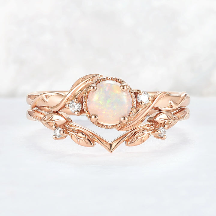 Nature Inspired Round Opal Leafy Twisted Gemstone Ring Set 2pcs