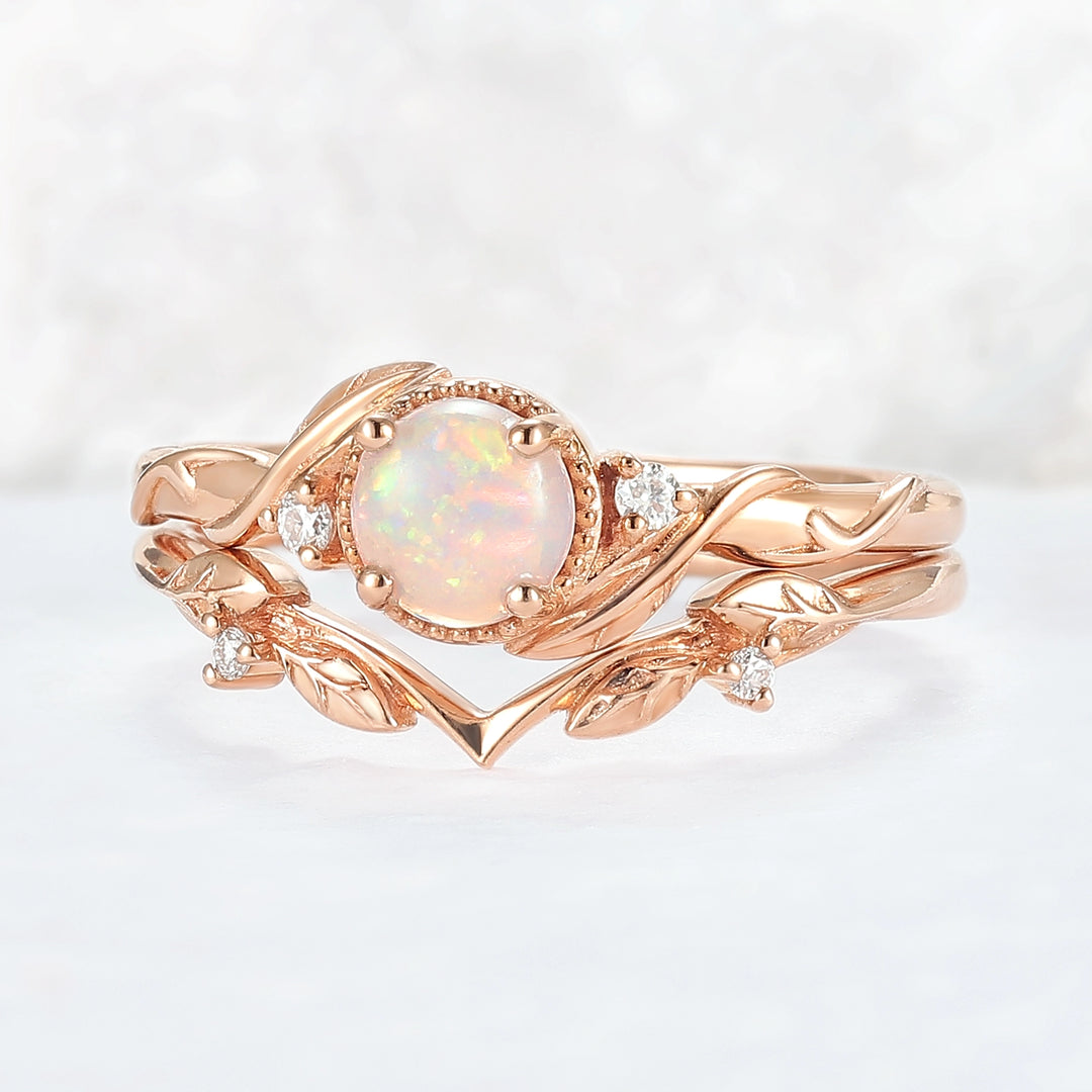 Nature Inspired Round Opal Leafy Twisted Gemstone Ring Set 2pcs