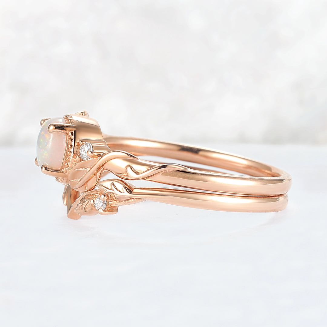 Nature Inspired Round Opal Leafy Twisted Gemstone Ring Set 2pcs