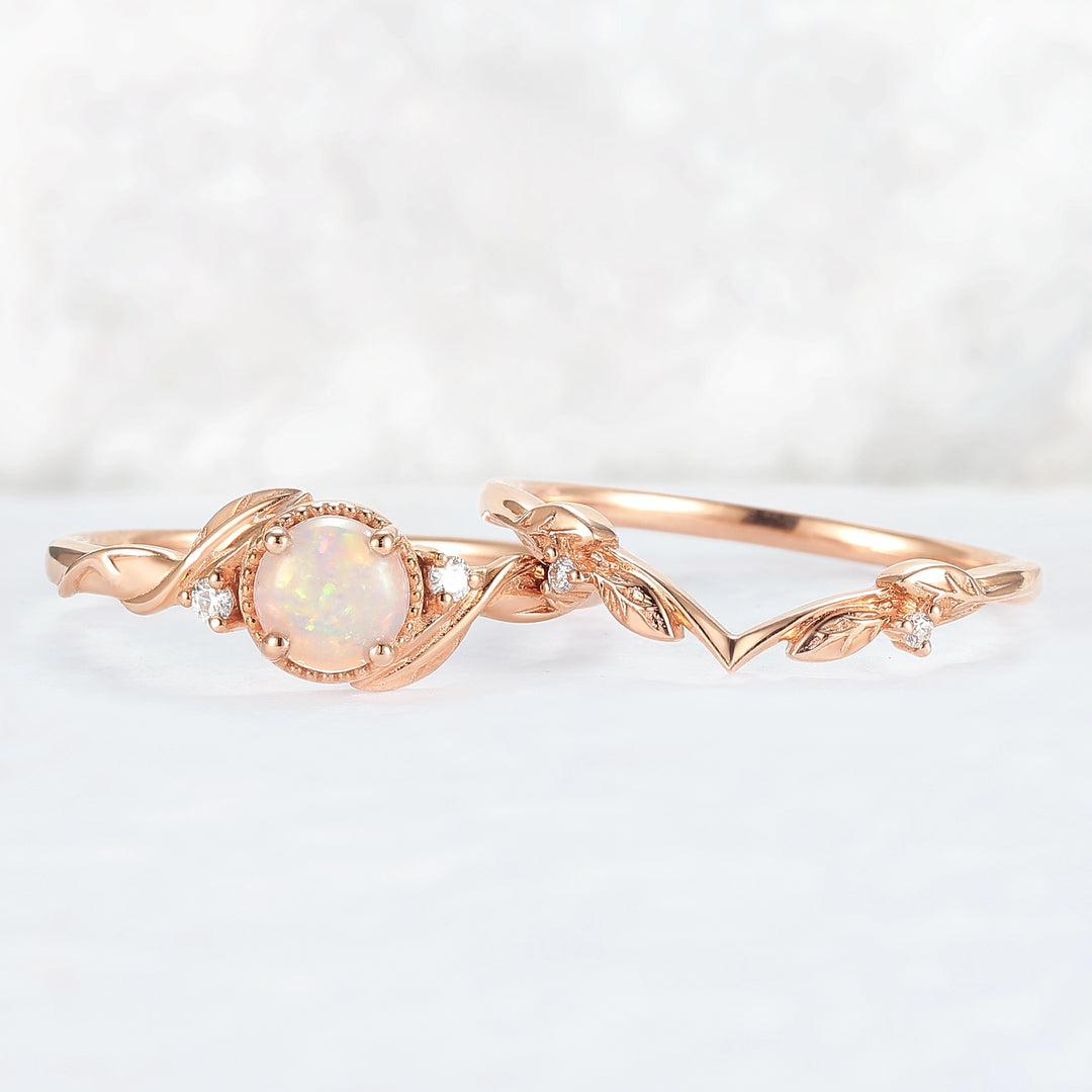 Nature Inspired Round Opal Leafy Twisted Gemstone Ring Set 2pcs