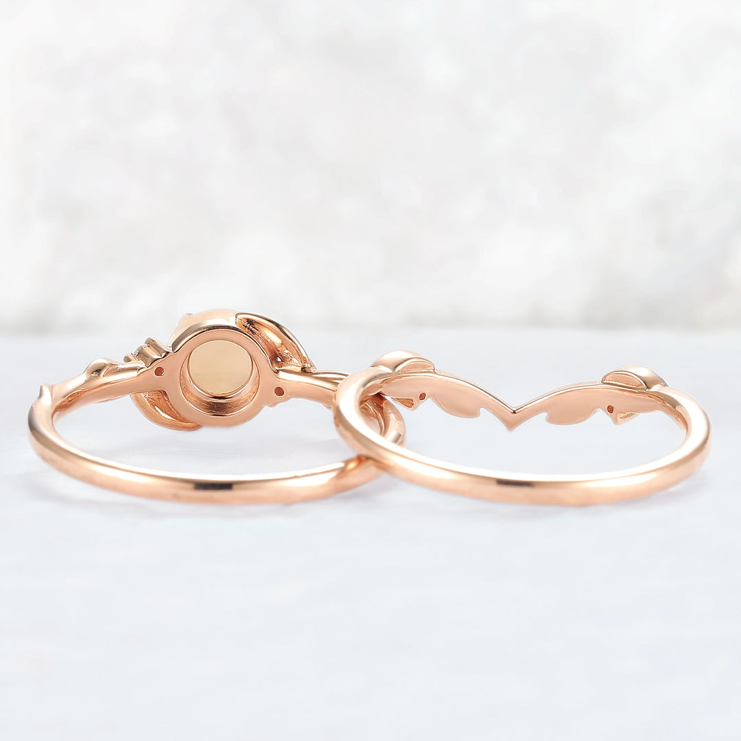 Nature Inspired Round Opal Leafy Twisted Gemstone Ring Set 2pcs