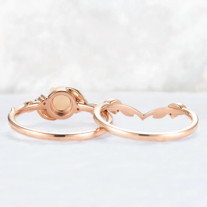 Nature Inspired Round Opal Leafy Twisted Gemstone Ring Set 2pcs