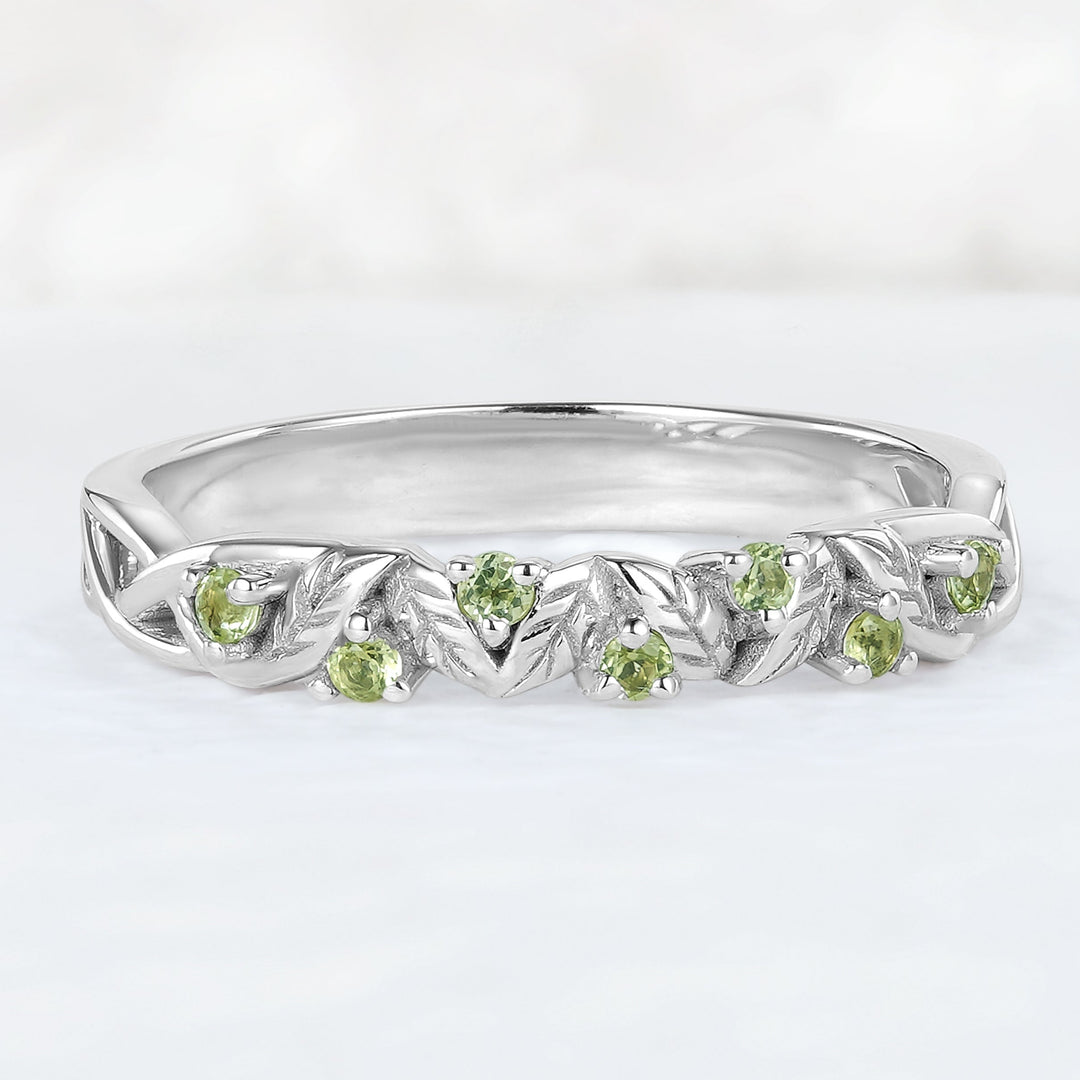 Nature Inspired Round Peridot Willow Leaves Wedding Band
