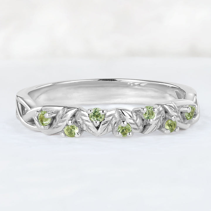 Nature Inspired Round Peridot Willow Leaves Wedding Band