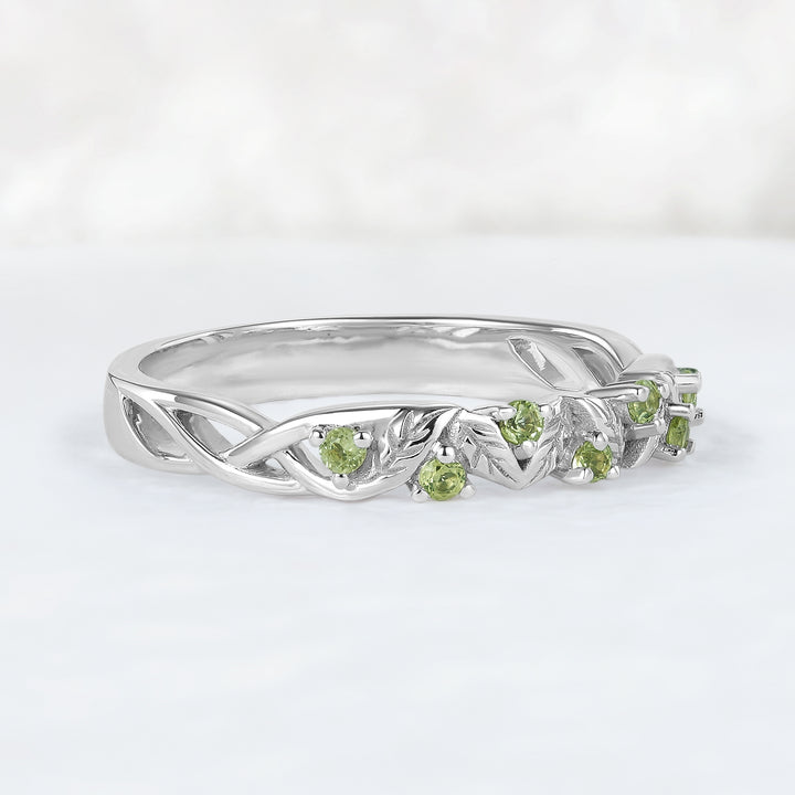 Nature Inspired Round Cut Peridot Willow Leaves Wedding Band - Iver Jewelry