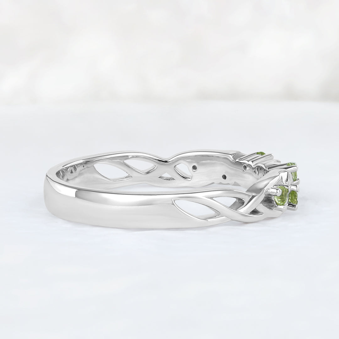 Nature Inspired Round Cut Peridot Willow Leaves Wedding Band - Iver Jewelry