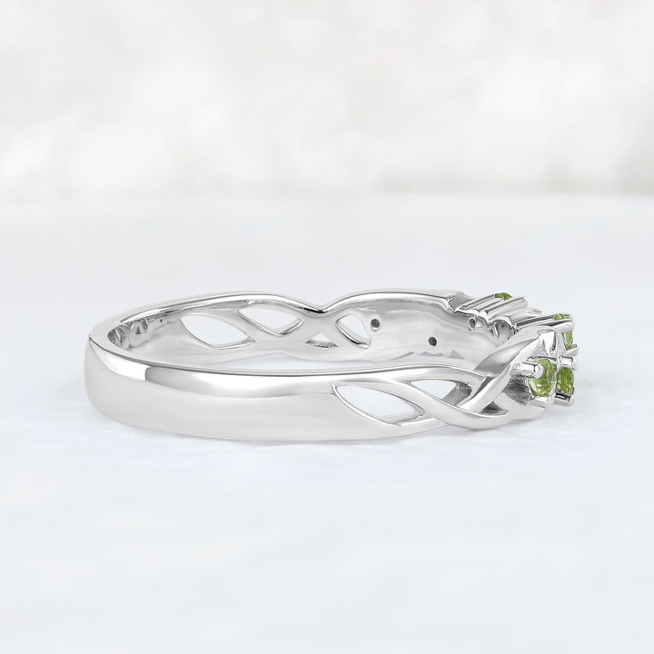 Nature Inspired Round Cut Peridot Willow Leaves Wedding Band - Iver Jewelry