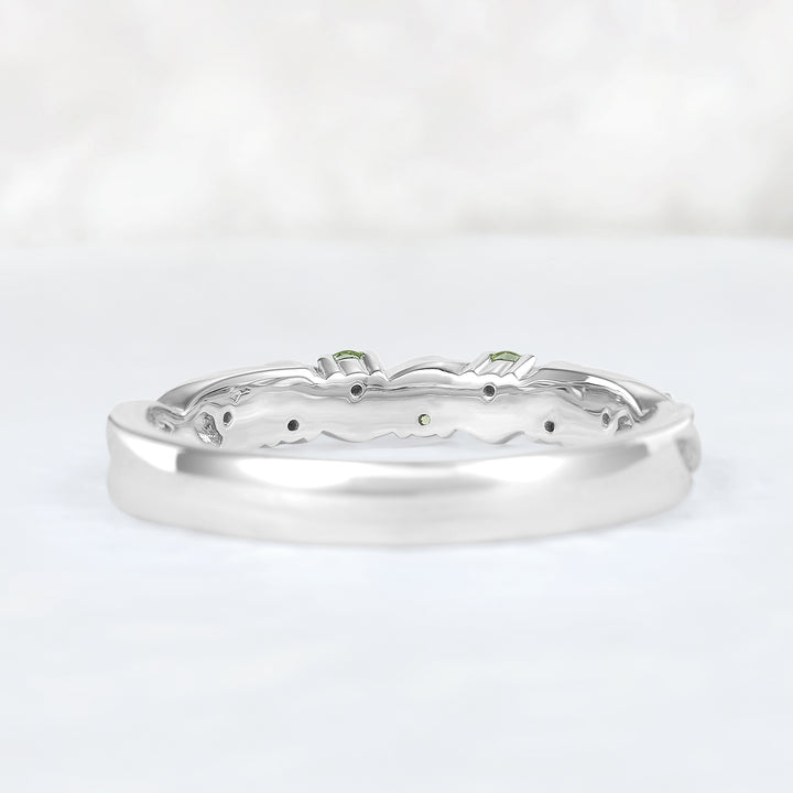 Nature Inspired Round Cut Peridot Willow Leaves Wedding Band - Iver Jewelry