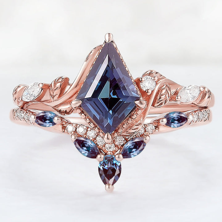 Nature Kite Cut Alexandrite Leaf Engagement Ring Set 2pcs